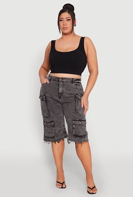 Womens Plus Size Frayed Hem Cargo Bermuda Shorts, Grey, Size 1X