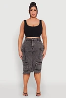 Womens Plus Size Frayed Hem Cargo Bermuda Shorts, Grey, Size 1X