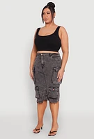 Womens Plus Size Frayed Hem Cargo Bermuda Shorts, Grey, Size 1X