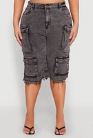 Womens Plus Size Frayed Hem Cargo Bermuda Shorts, Grey, Size 1X