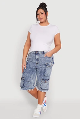 Womens Plus Size Frayed Hem Cargo Bermuda Shorts, Blue, Size 3X
