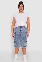 Womens Plus Size Frayed Hem Cargo Bermuda Shorts, Blue, Size 3X