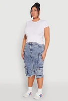 Womens Plus Size Frayed Hem Cargo Bermuda Shorts, Blue, Size 3X
