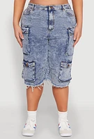 Womens Plus Size Frayed Hem Cargo Bermuda Shorts, Blue, Size 3X