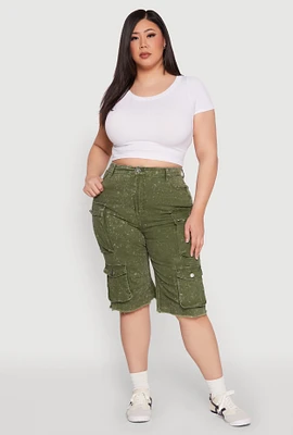 Womens Plus Daisy Acid Wash Cargo Bermuda Shorts,