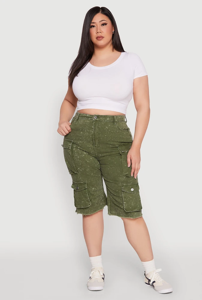 Womens Plus Daisy Acid Wash Cargo Bermuda Shorts,