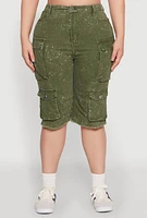 Womens Plus Daisy Acid Wash Cargo Bermuda Shorts,