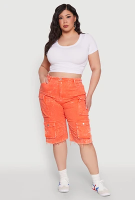 Womens Plus Size Daisy Acid Wash Cargo Bermuda Shorts, Orange, Size 1X