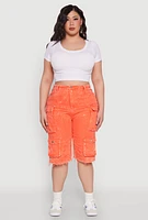 Womens Plus Size Daisy Acid Wash Cargo Bermuda Shorts, Orange, Size 1X