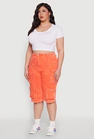 Womens Plus Size Daisy Acid Wash Cargo Bermuda Shorts, Orange, Size 1X