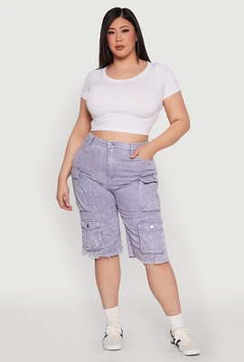 Womens Plus Daisy Acid Wash Cargo Bermuda Shorts,