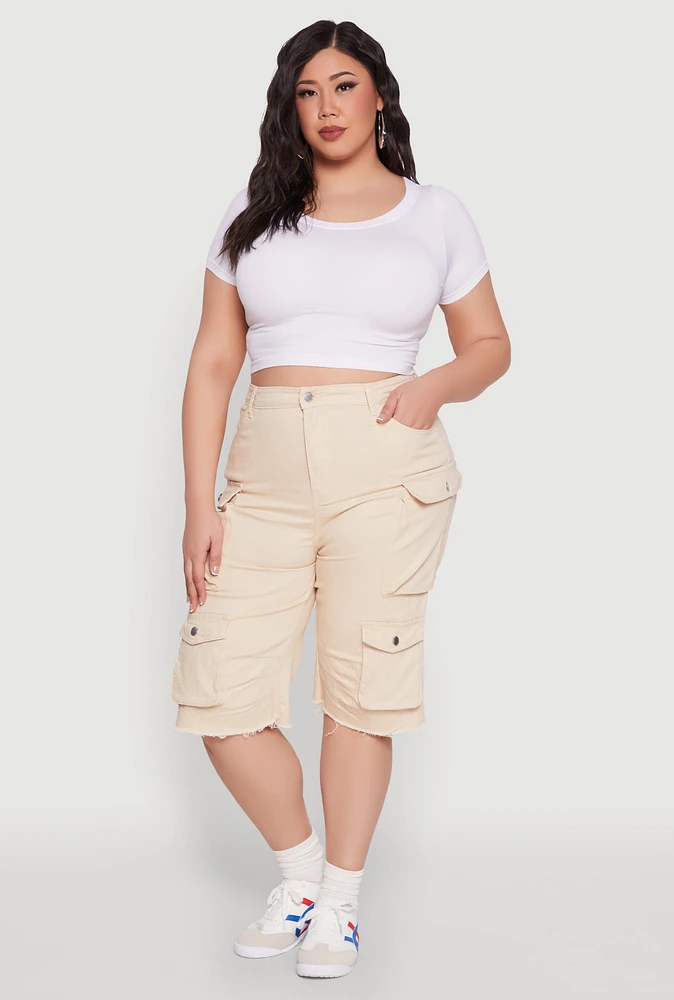 Womens Plus Daisy Acid Wash Cargo Bermuda Shorts,