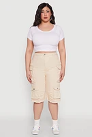 Womens Plus Daisy Acid Wash Cargo Bermuda Shorts,