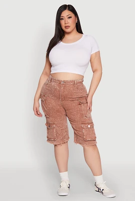 Womens Plus Daisy Acid Wash Cargo Bermuda Shorts,