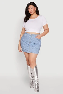 Womens Plus Daisy Rhinestone Studded Mini Denim Skirt, Blue,