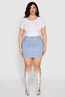 Womens Plus Daisy Rhinestone Studded Mini Denim Skirt, Blue,