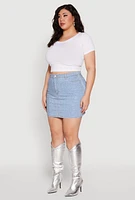 Womens Plus Daisy Rhinestone Studded Mini Denim Skirt, Blue,