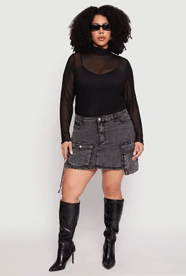 Womens Plus Size Daisy Acid Wash Denim Cargo Skirt, Black, Size 1X