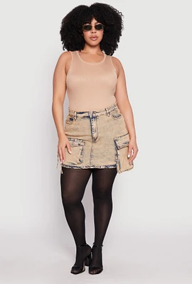 Womens Plus Size Daisy Acid Wash Denim Cargo Skirt, Khaki, Size 3X