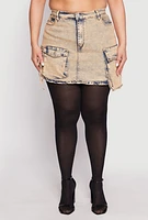 Womens Plus Size Daisy Acid Wash Denim Cargo Skirt, Khaki, Size 3X