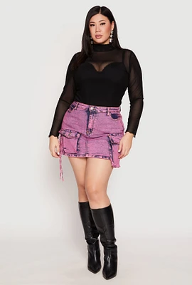 Womens Plus Daisy Acid Wash Denim Cargo Skirt, Purple,