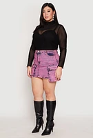 Womens Plus Daisy Acid Wash Denim Cargo Skirt, Purple,