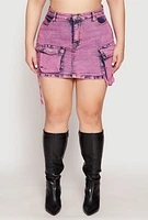 Womens Plus Daisy Acid Wash Denim Cargo Skirt, Purple,