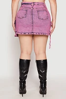 Womens Plus Daisy Acid Wash Denim Cargo Skirt, Purple,