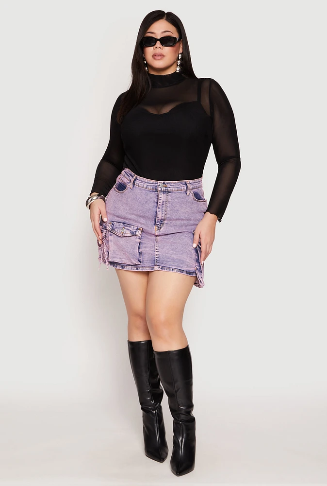 Womens Plus Daisy Acid Wash Denim Cargo Skirt,