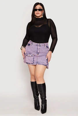 Womens Plus Daisy Acid Wash Denim Cargo Skirt,