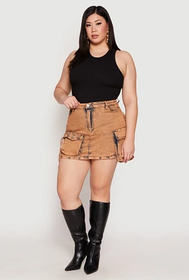 Womens Plus Daisy Acid Wash Denim Cargo Skirt,