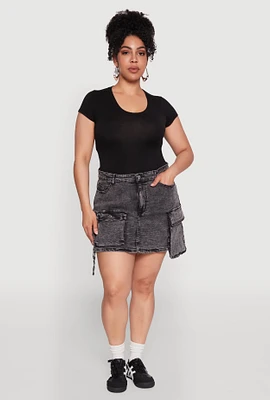 Womens Plus Size Daisy Mineral Wash Denim Cargo Skirt, Grey, Size 2X