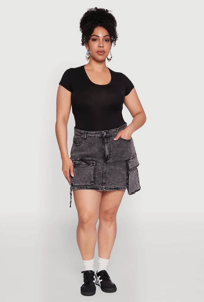 Womens Plus Size Daisy Mineral Wash Denim Cargo Skirt, Grey, Size 1X