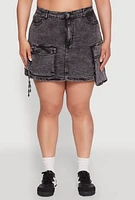 Womens Plus Size Daisy Mineral Wash Denim Cargo Skirt, Grey, Size 1X