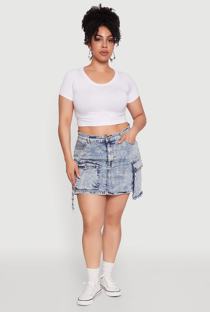 Womens Plus Size Daisy Mineral Wash Denim Cargo Skirt, Blue, Size 2X