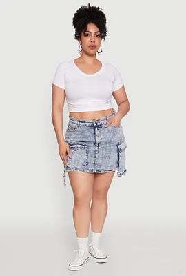 Womens Plus Size Daisy Mineral Wash Denim Cargo Skirt, Blue, Size 2X