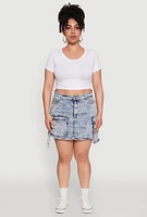 Womens Plus Size Daisy Mineral Wash Denim Cargo Skirt, Blue, Size 2X