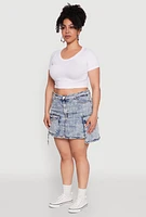 Womens Plus Size Daisy Mineral Wash Denim Cargo Skirt, Blue, Size 2X