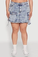 Womens Plus Size Daisy Mineral Wash Denim Cargo Skirt, Blue, Size 2X