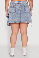 Womens Plus Size Daisy Mineral Wash Denim Cargo Skirt, Blue, Size 2X