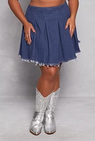 Womens Plus Size Daisy Denim Frayed Hem Pleated Skirt, Blue, Size 3X