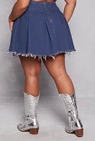 Womens Plus Size Daisy Denim Frayed Hem Pleated Skirt, Blue, Size 3X