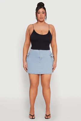 Womens Plus Daisy Denim Cargo Skirt, Blue,