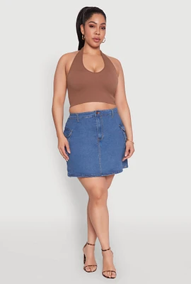 Womens Plus Size Daisy Denim Cargo Skirt, Blue, Size 2X