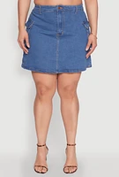 Womens Plus Size Daisy Denim Cargo Skirt, Blue, Size 2X