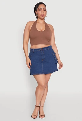 Womens Plus Size Daisy Denim Cargo Skirt, Blue
