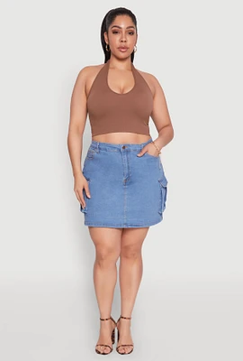 Womens Plus Size Daisy Denim Cargo Skirt, Blue, Size 2X
