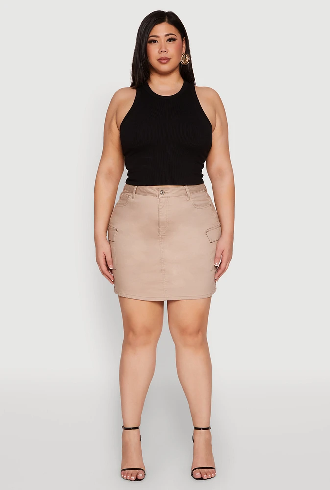 Womens Plus Size WAX High Waisted Cargo Skirt, Khaki, Size 1X