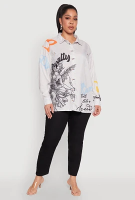 Womens Plus Size Graffiti Denim Graphic Shirt, Grey, Size 2X
