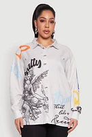 Womens Plus Size Graffiti Denim Graphic Shirt, Grey, Size 2X